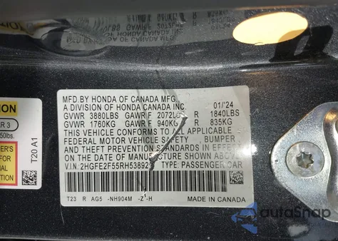 2024 Honda Civic Sport z USA, uszkodzony, nr VIN 2HGFE2F55RH538925